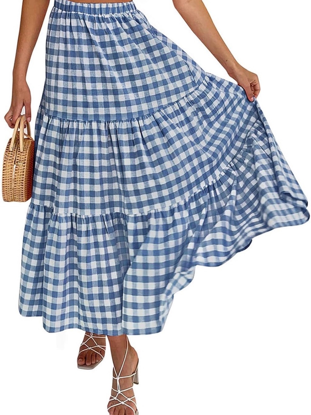 Women's Blue and white Gingham Tiered Maxi Skirt